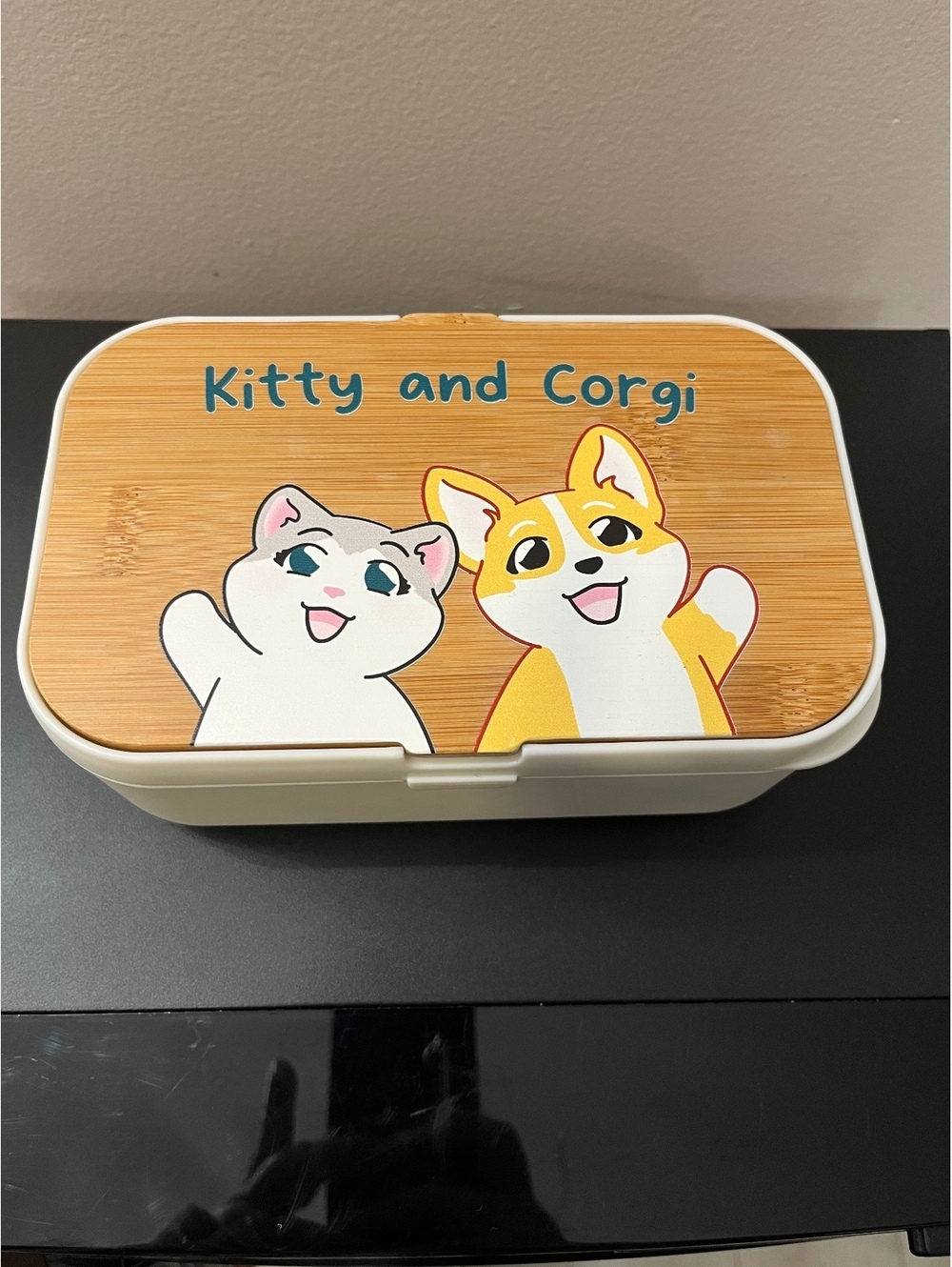 Kitty and Corgi bento lunch box with utensils